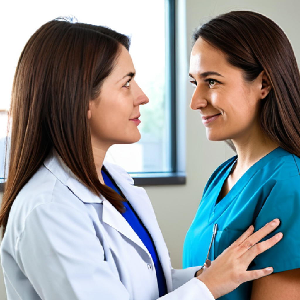 A professional female doctor, fully clothed in a modest lab coat and scrubs, engages in an empathetic conversation with an adult female patient in a bright, modern clinic consultation room. The doctor is attentively listening, maintaining eye contact, and the patient, dressed in appropriate, modest casual attire, appears calm and trusts the doctor. The setting is clean and well-lit, with soft natural light. The focus is on the genuine human connection and compassionate care in healthcare. Perfect anatomy, correct proportions, natural pose, well-formed hands, proper finger count, natural body proportions. High-quality professional photography, detailed, realistic, vibrant. Safe for work, appropriate content, fully clothed, professional, family-friendly.