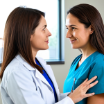 A professional female doctor, fully clothed in a modest lab coat and scrubs, engages in an empathetic conversation with an adult female patient in a bright, modern clinic consultation room. The doctor is attentively listening, maintaining eye contact, and the patient, dressed in appropriate, modest casual attire, appears calm and trusts the doctor. The setting is clean and well-lit, with soft natural light. The focus is on the genuine human connection and compassionate care in healthcare. Perfect anatomy, correct proportions, natural pose, well-formed hands, proper finger count, natural body proportions. High-quality professional photography, detailed, realistic, vibrant. Safe for work, appropriate content, fully clothed, professional, family-friendly.