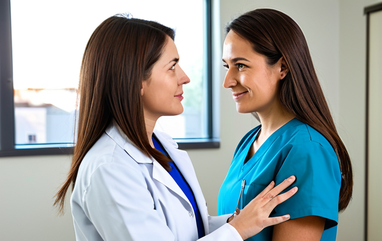 A professional female doctor, fully clothed in a modest lab coat and scrubs, engages in an empathetic conversation with an adult female patient in a bright, modern clinic consultation room. The doctor is attentively listening, maintaining eye contact, and the patient, dressed in appropriate, modest casual attire, appears calm and trusts the doctor. The setting is clean and well-lit, with soft natural light. The focus is on the genuine human connection and compassionate care in healthcare. Perfect anatomy, correct proportions, natural pose, well-formed hands, proper finger count, natural body proportions. High-quality professional photography, detailed, realistic, vibrant. Safe for work, appropriate content, fully clothed, professional, family-friendly.