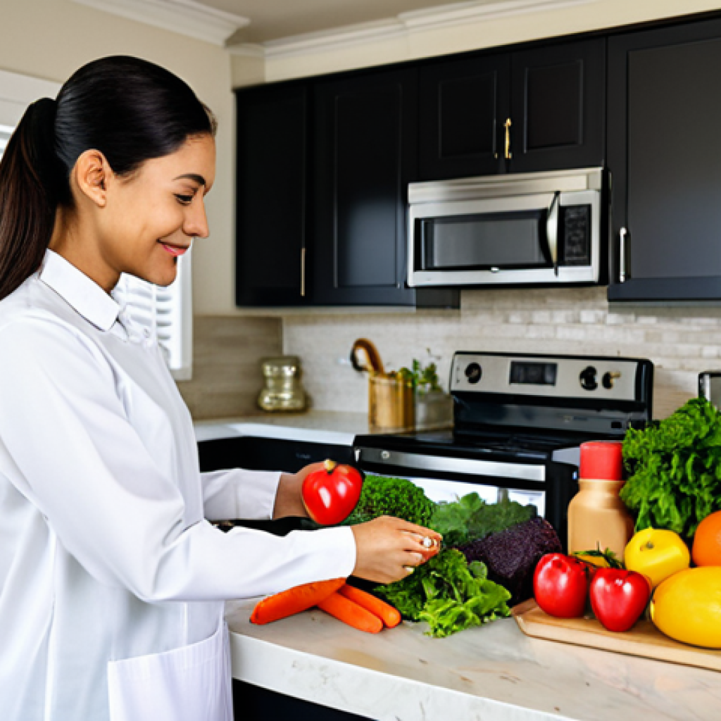 **

"A family-friendly scene of a woman preparing a healthy, balanced meal with fresh fruits and vegetables in a bright, modern kitchen. She is fully clothed in modest, everyday attire. The scene emphasizes healthy eating habits for heart health. Safe for work, appropriate content, perfect anatomy, natural proportions, professional photography, high quality."

**