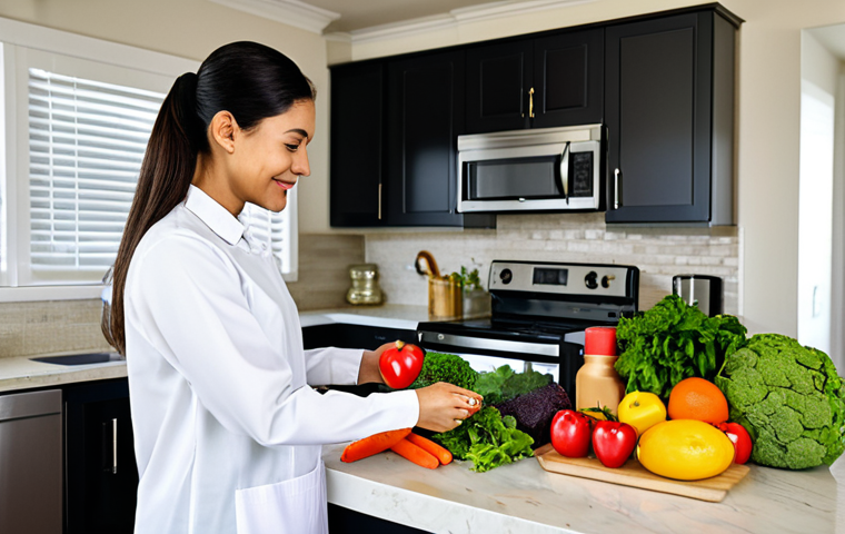 **

"A family-friendly scene of a woman preparing a healthy, balanced meal with fresh fruits and vegetables in a bright, modern kitchen. She is fully clothed in modest, everyday attire. The scene emphasizes healthy eating habits for heart health. Safe for work, appropriate content, perfect anatomy, natural proportions, professional photography, high quality."

**