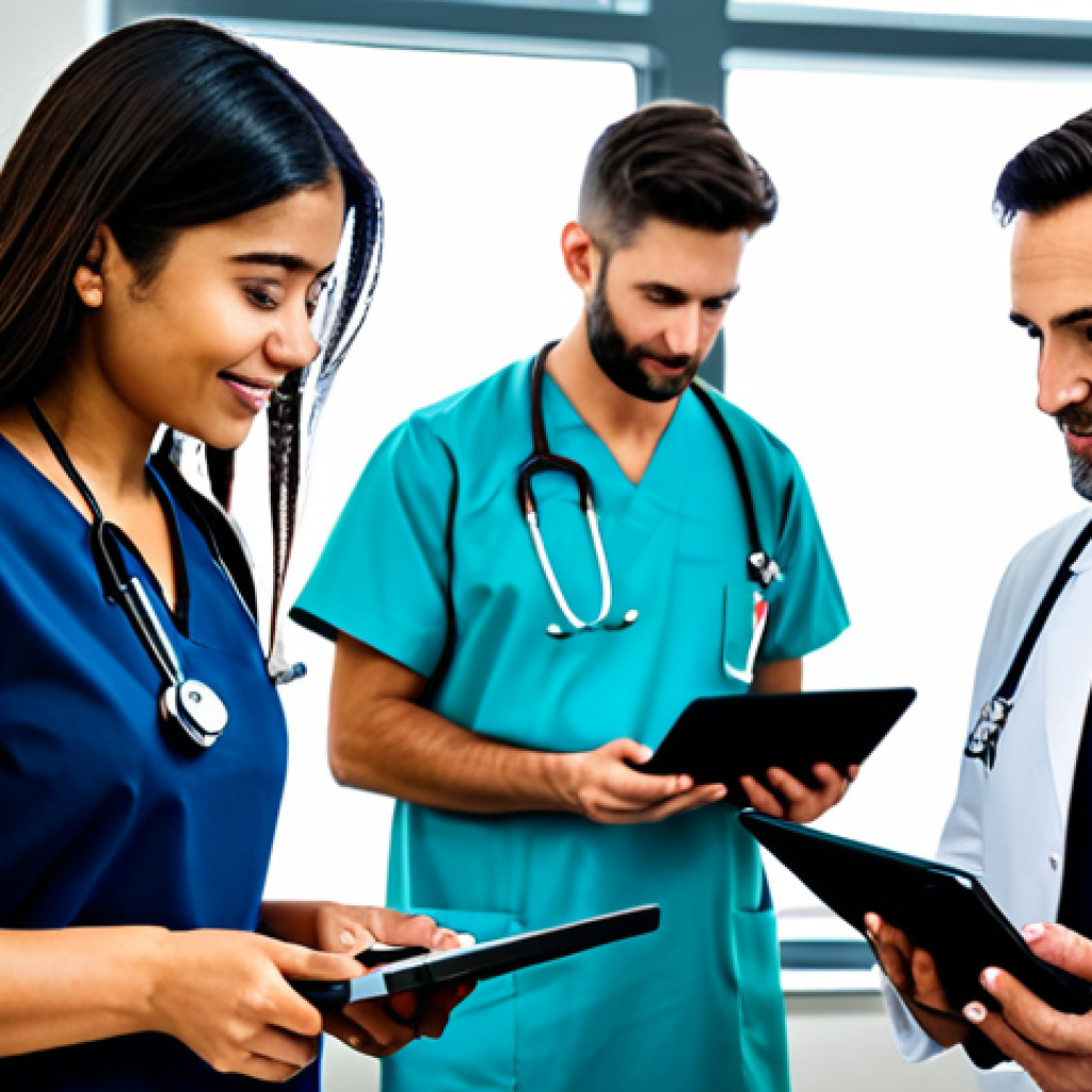 **

A diverse group of fully clothed doctors and patients using telehealth technology (laptops, tablets) in a modern, clean hospital setting. Focus on the connection and accessibility of healthcare. Safe for work, appropriate content, professional, family-friendly, perfect anatomy, correct proportions, natural pose, well-formed hands, proper finger count, natural body proportions, modest clothing, professional dress.

**