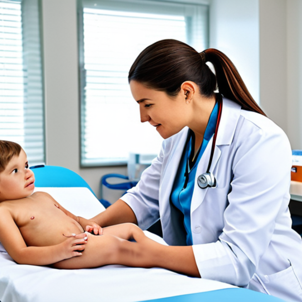 보건학과 진로 - A compassionate doctor in a modern clinic, fully clothed, appropriate attire, examining a child pati...