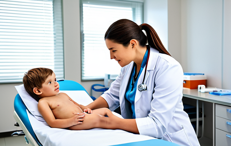 보건학과 진로 - A compassionate doctor in a modern clinic, fully clothed, appropriate attire, examining a child pati...