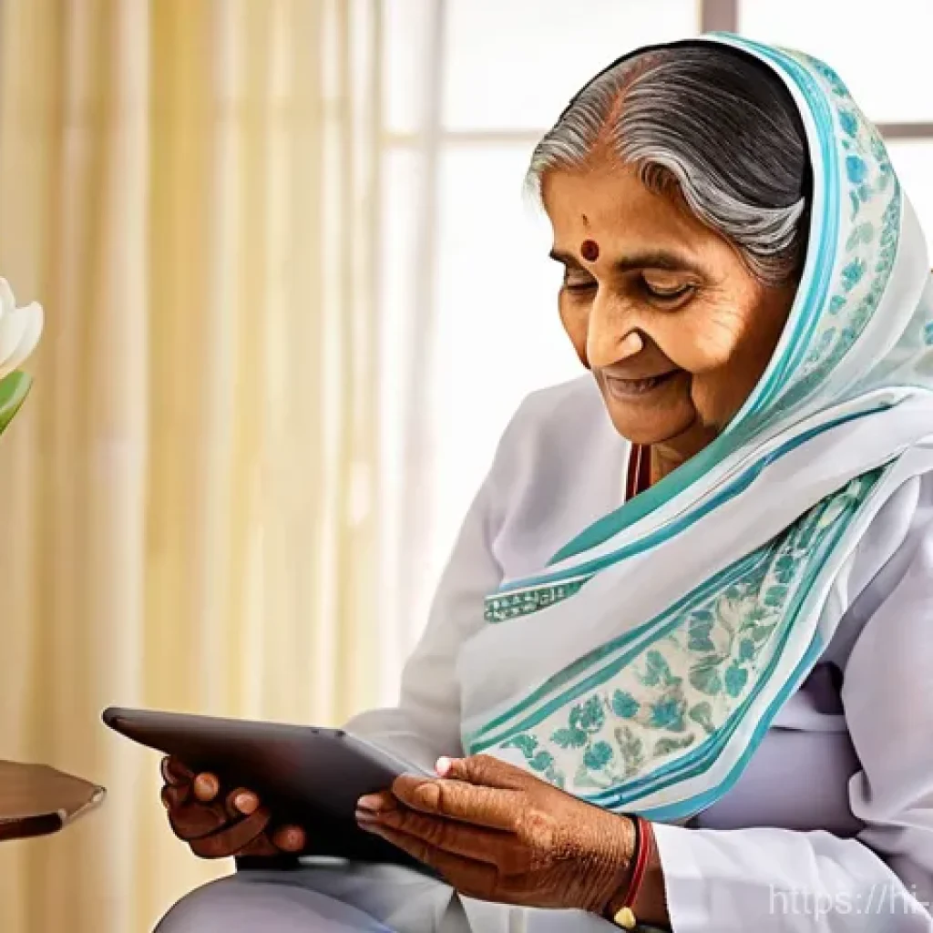 보건학에서의 텔레메디슨 - **Prompt:** An elderly Indian woman, in her late 60s, is comfortably seated in her brightly lit livi...