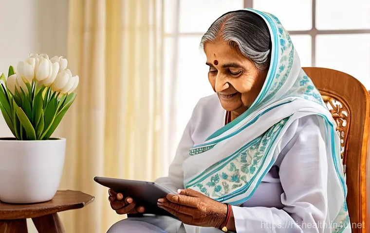 보건학에서의 텔레메디슨 - **Prompt:** An elderly Indian woman, in her late 60s, is comfortably seated in her brightly lit livi...