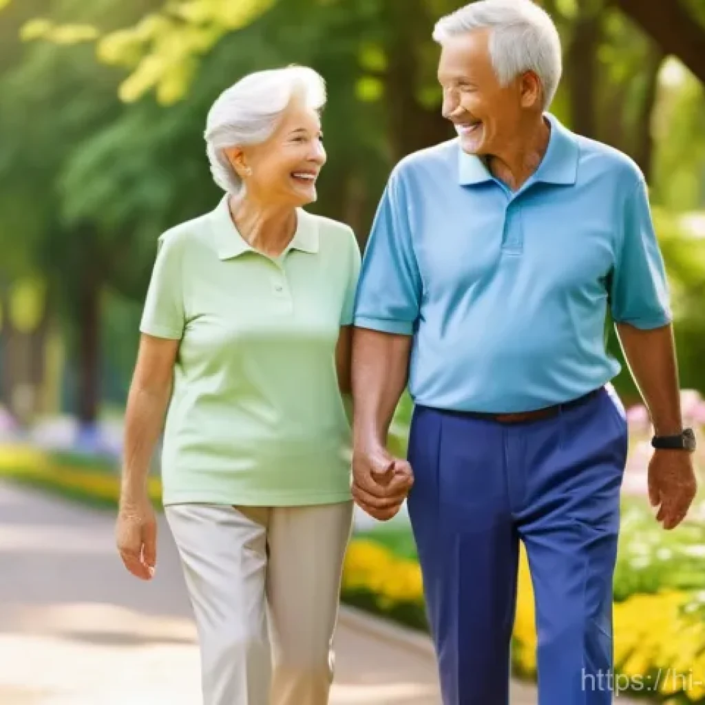 보건학에서의 노인 건강 - **Prompt:** A serene, sun-drenched park scene featuring a vibrant elderly couple, both in their late...