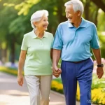 보건학에서의 노인 건강 - **Prompt:** A serene, sun-drenched park scene featuring a vibrant elderly couple, both in their late...