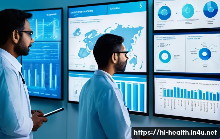 보건학에서의 데이터 분석 - A detailed digital health data analysis scene showing a diverse team of Indian healthcare profession...