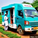 보건학과 보건 소셜워크 - A vibrant rural health outreach scene in an Indian village setting, showcasing a mobile clinic van w...