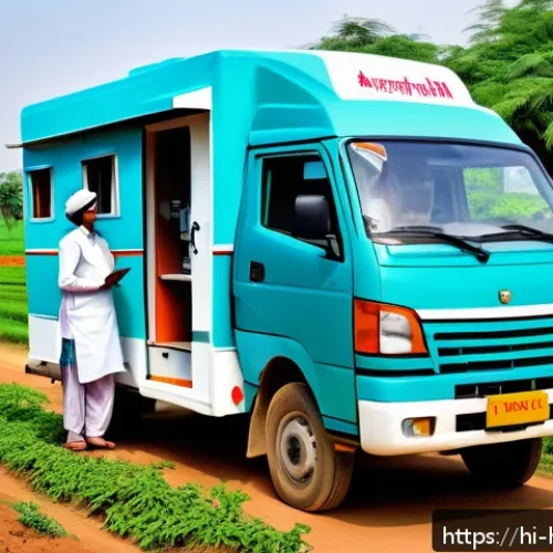 보건학과 보건 소셜워크 - A vibrant rural health outreach scene in an Indian village setting, showcasing a mobile clinic van w...