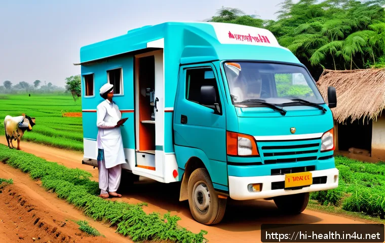 보건학과 보건 소셜워크 - A vibrant rural health outreach scene in an Indian village setting, showcasing a mobile clinic van w...