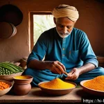 보건학에서의 질병 예방 - A vibrant, detailed scene of a traditional Indian family kitchen where a middle-aged man is preparin...