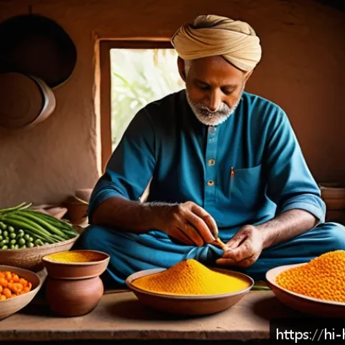 보건학에서의 질병 예방 - A vibrant, detailed scene of a traditional Indian family kitchen where a middle-aged man is preparin...