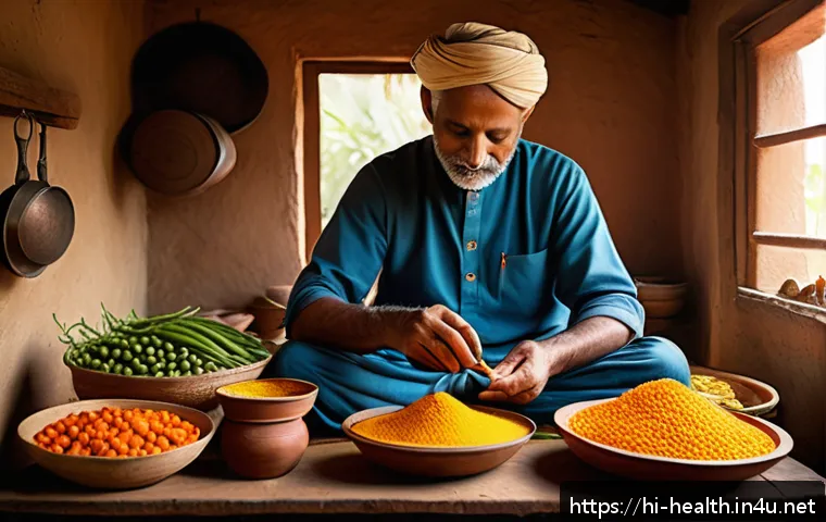 보건학에서의 질병 예방 - A vibrant, detailed scene of a traditional Indian family kitchen where a middle-aged man is preparin...