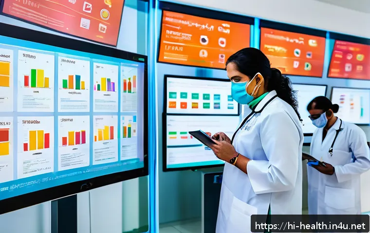 보건학 통계학 - A modern Indian healthcare data center with diverse healthcare professionals analyzing colorful digi...