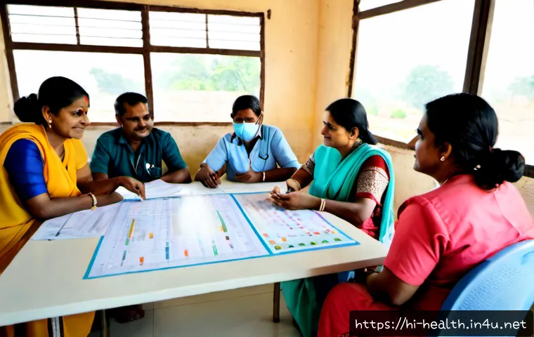 공공 건강 정책 - Photorealistic public health policy meeting in a bright Indian community clinic, diverse Hindi-speak...