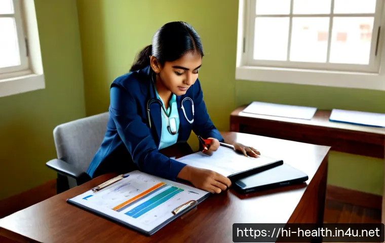 보건학 관련 자격증 - Photorealistic Indian public health student studying for professional certification at a clean woode...