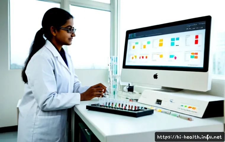 Home 17 보건학과 유전자 연구 - Photorealistic public health genetics research laboratory in India, Indian female scientist in a whi...