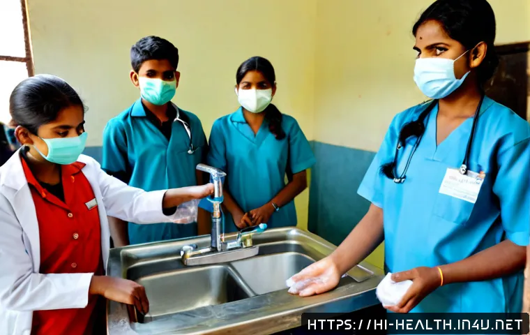 보건학과 전염병 예방 - Photorealistic public health students in a bright Indian community clinic, wearing clean lab coats a...
