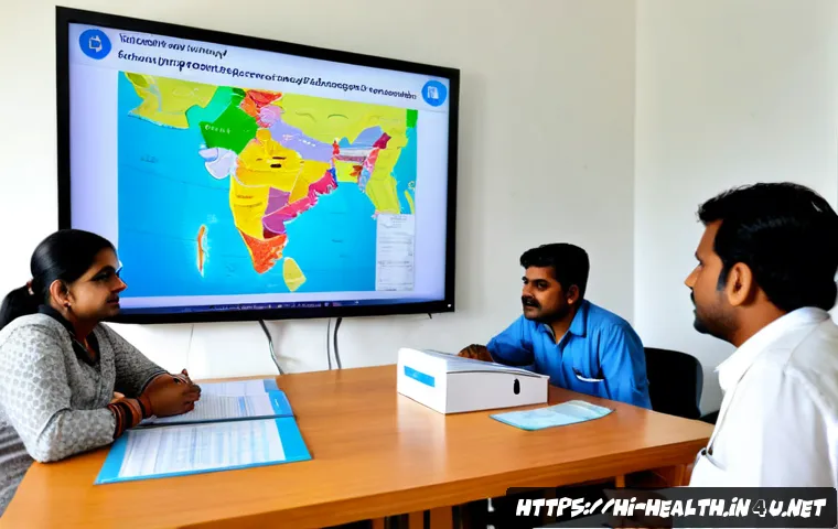 보건학과 전염병 대응 정책 - Photorealistic public health emergency coordination meeting in a modern Indian government health off...